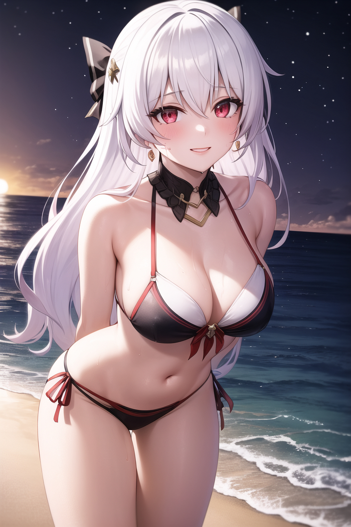 Theresa - NSFW, Theresa Apocalypse, Anime art, Anime, Pixiv, Hips, Honkai Impact, Red eyes, Neural network art, Swimsuit