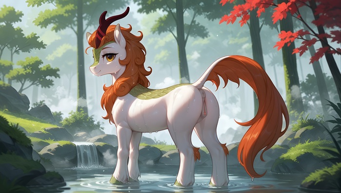 Kirinya wishes to refresh herself - NSFW, My little pony, PonyArt, MLP Explicit, MLP anatomically correct, Neural network art, MLP Kirin, Autumn blaze