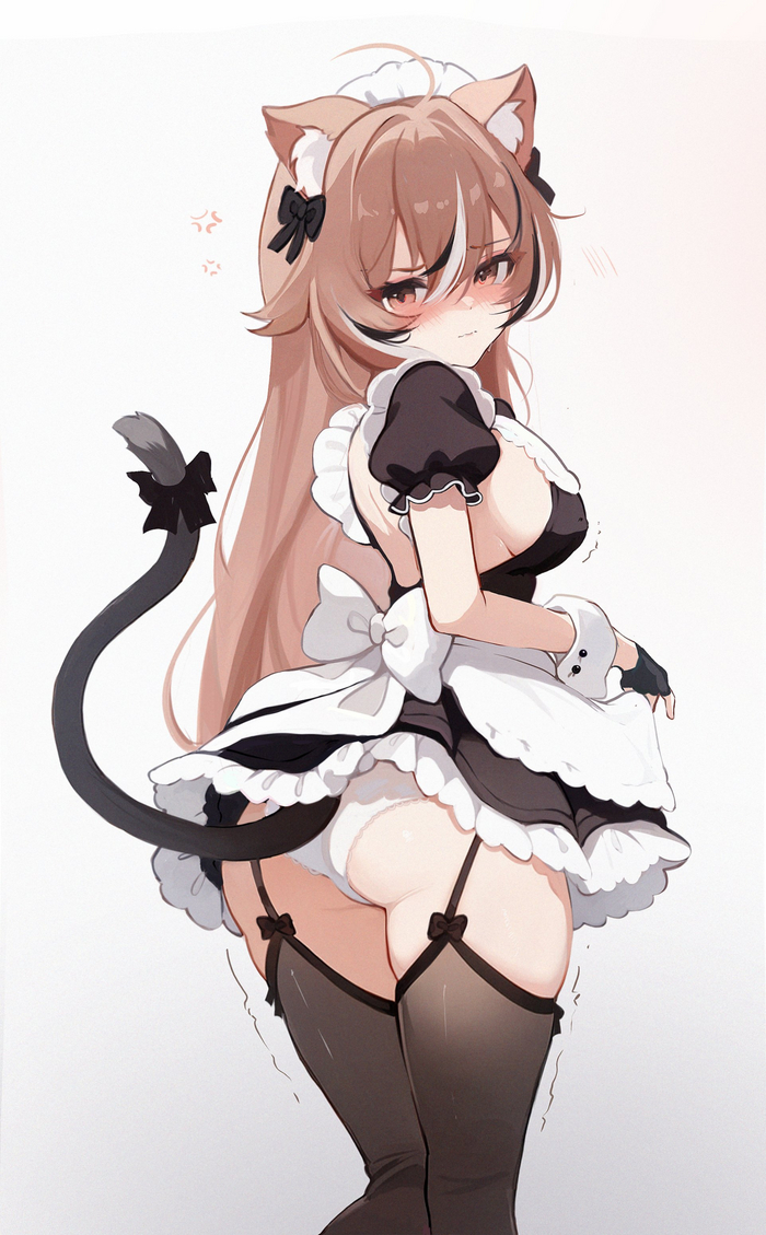 Neko Maid Mumei - NSFW, Anime Art, Аниме, Virtual YouTuber, Hololive, Nanashi Mumei, Koahri, Animal Ears, Горничная, Неко, Хвост