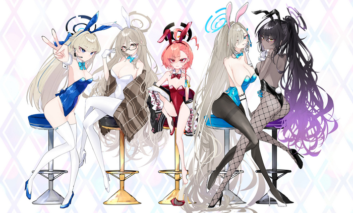 Bunnies - NSFW, Anime, Anime art, Blue archive, Asuma Toki, Murokasa Akane, Mikamo Neru, Ichinose asuna, Kakudate karin, Bunnysuit, Bunny ears, Stockings, Tights