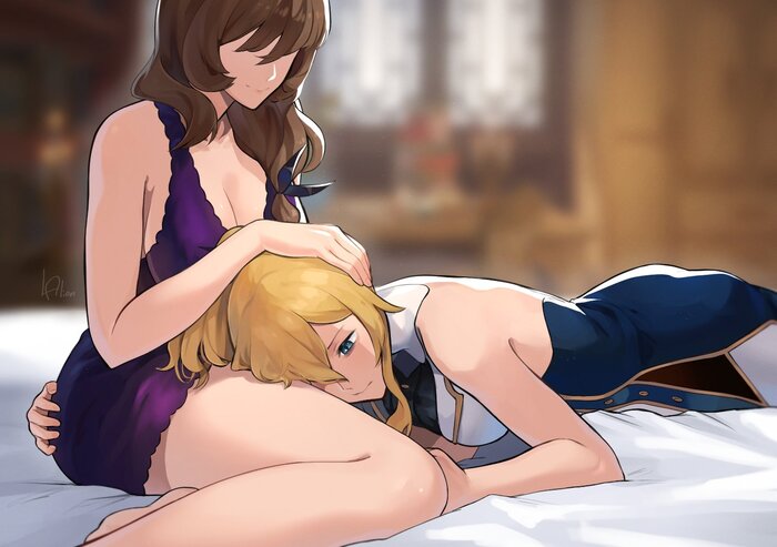 Jean & Lisa - NSFW, Anime art, Anime, Friend, Yuri, Genshin impact, Jean (Genshin Impact), Lisa (Genshin Impact), Nightie, Twitter (link)