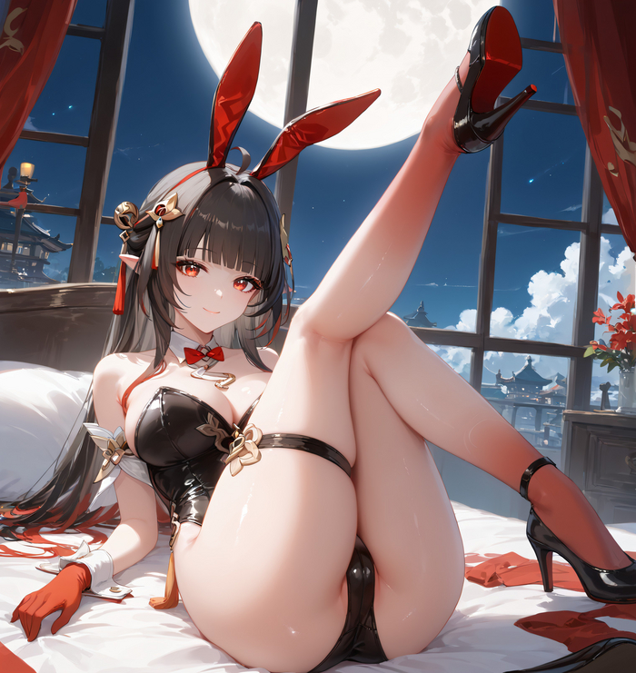 Lingsha Bunny Girl - NSFW, Anime Art, Honkai: Star Rail, Lingsha (Honkai: Star Rail), Bunnysuit, Рисованная эротика, Арты нейросетей