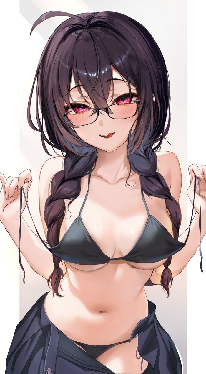 Continuation of the post Fou - NSFW, Anime art, Anime, Original character, Glasses, Girls, Yufou, Art, A wave of posts, Swimsuit, Reply to post