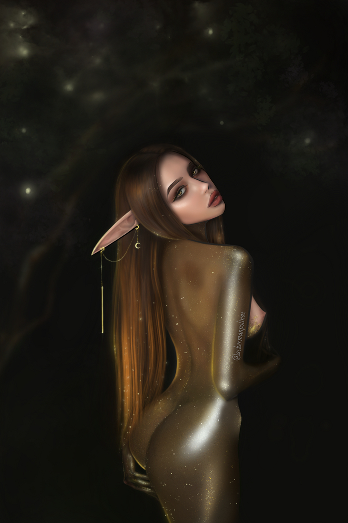 Golden Elf (Warcraft Reference) - NSFW, My, Art, Elves, Erotic, Colorful hair, Booty, Gold