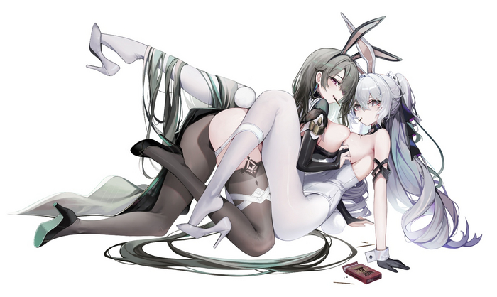 Attacking for the sake of pokka - NSFW, Anime art, Anime, Honkai Impact, Bronya Zaychik, Vita (Honkai Impact), Yuri, Bunnysuit, Pocky, Friend