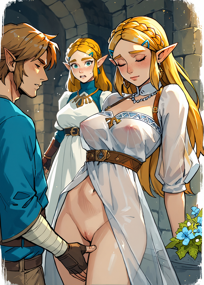 Zelda - NSFW, My, Art, Neural network art, Erotic, Stable diffusion, Boobs, Choker, Blue eyes, Cameltoe, Game art, Labia, The legend of zelda, Elves