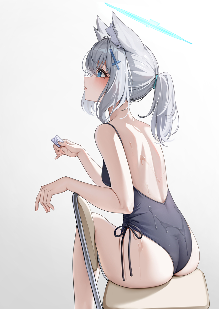 Shiroko - NSFW, Anime Art, Аниме, Blue archive, Sunaookami Shiroko, Animal Ears, Попа, Купальник