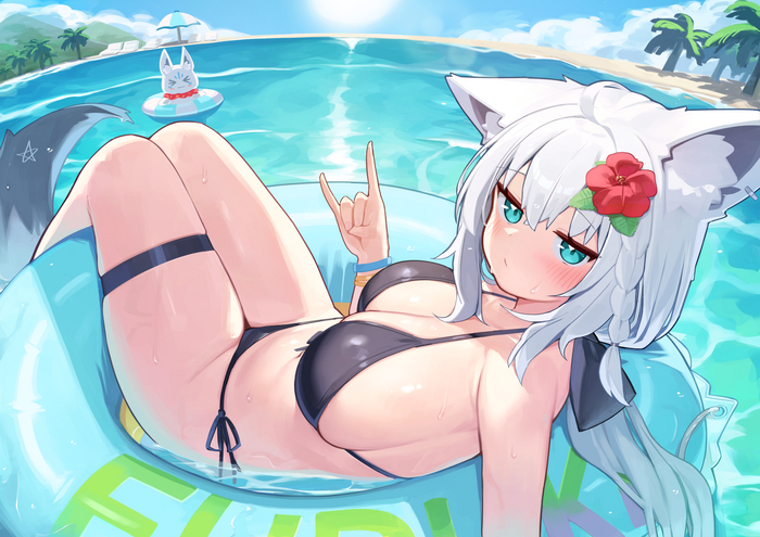 Fubuki - NSFW, Anime art, Anime, Virtual youtuber, Hololive, Shirakami fubuki, Deaver, Animal ears, Tail, Swimsuit