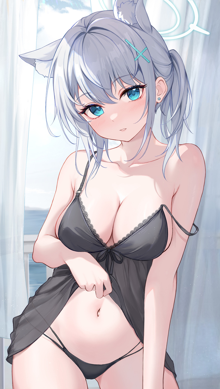 Sunaookami Shiroko #022 - NSFW, Аниме, Anime Art, Blue archive, Sunaookami Shiroko, Девушки, Нижнее белье, Animal Ears, Живот, Нимб, Заколка