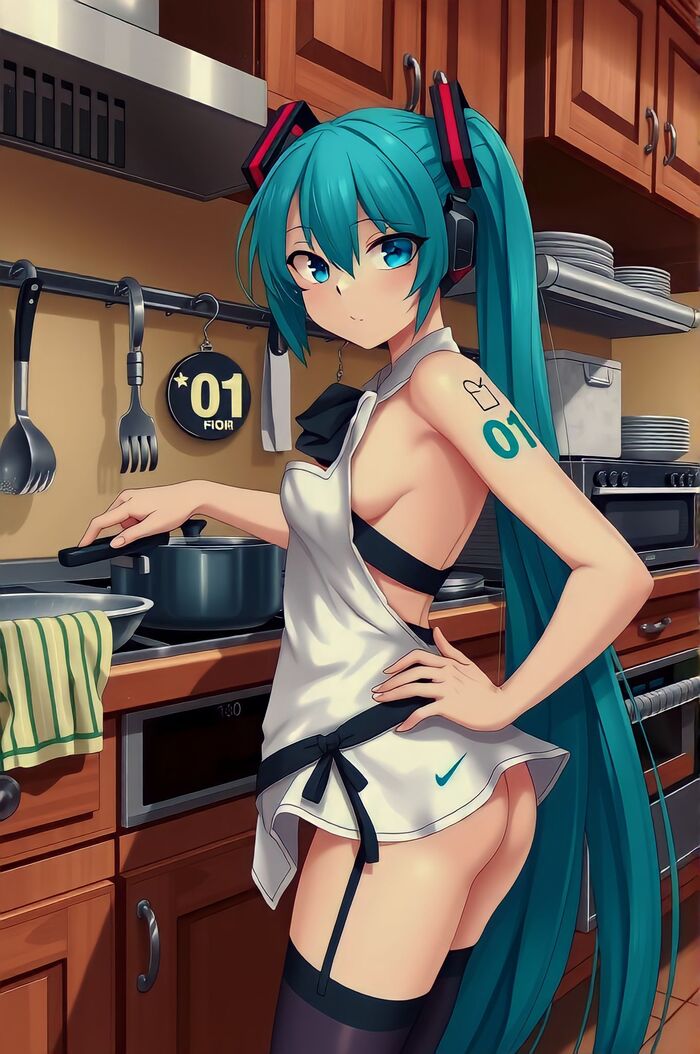 It's a long way from Friday.Let's drive Mika into the kitchen for now, let it be useful) - NSFW, My, Neural network art, Anime, Flux, Hatsune Miku, Longpost, Hand-drawn erotica, Apron, Neckline, Nightie, Anime art