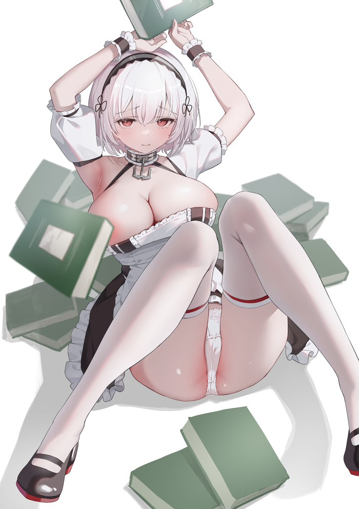 Clumsy - NSFW, Anime, Anime art, Sirius, Azur lane, Housemaid, Pantsu, Booty, Boobs, Stockings, Books