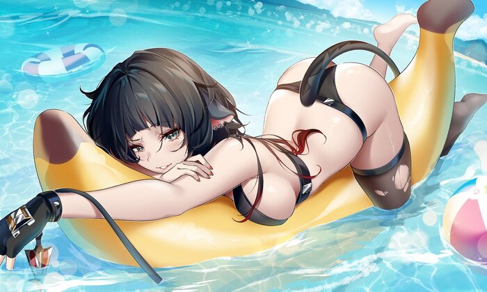 On a banana - NSFW, Anime, Anime art, Jane Doe (zzz), Zenless Zone Zero, Animal ears, Tail, Stockings, Art, Sea, Bikini