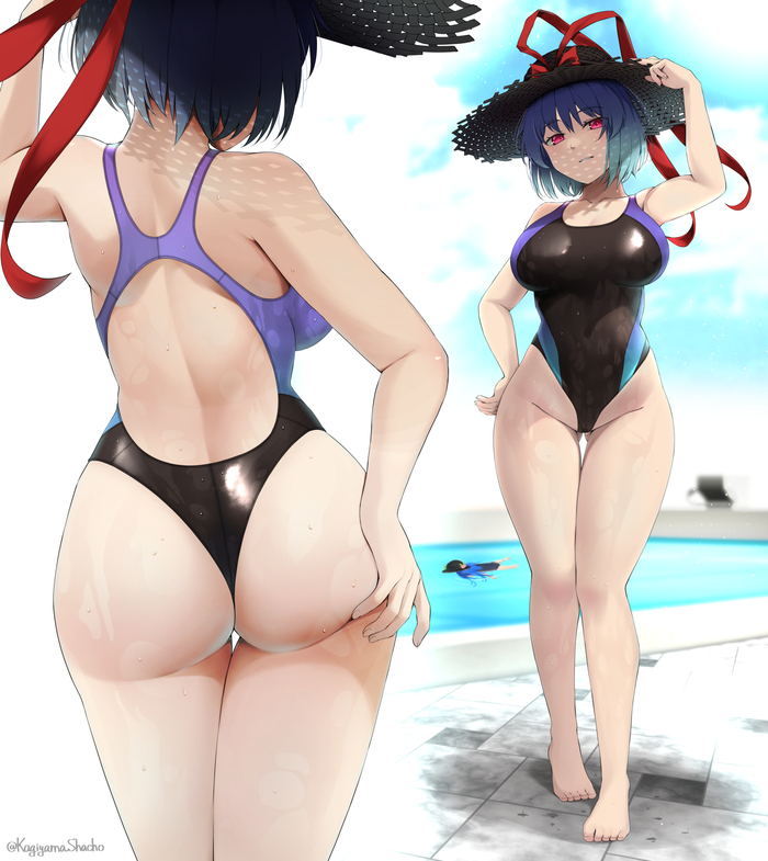 In the front and in the back - NSFW, Touhou, Anime, Anime art, Art, Yorigami Joon, Yorigami shion, Nagae Iku, Kagiyama shachou, Swimsuit, Boobs, Booty, Back view, Erotic, Hand-drawn erotica, Longpost