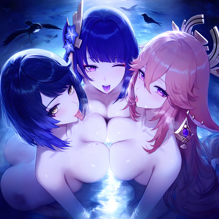 Trio - NSFW, Genshin impact, Raiden Shogun (Genshin Impact), Yae Miko (Genshin Impact), Kujou Sara (Genshin Impact), Art, Girls, Games, Anime art, Anime, Neural network art, Hand-drawn erotica, Boobs