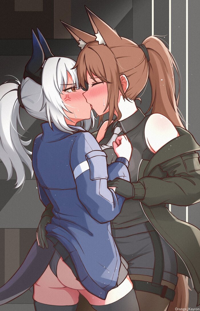 Liskarm & Franka - NSFW, Anime art, Anime, Friend, Yuri, Arknights, Liskarm, Franka, Animal ears, Horns, Tail, Kiss, Twitter (link)