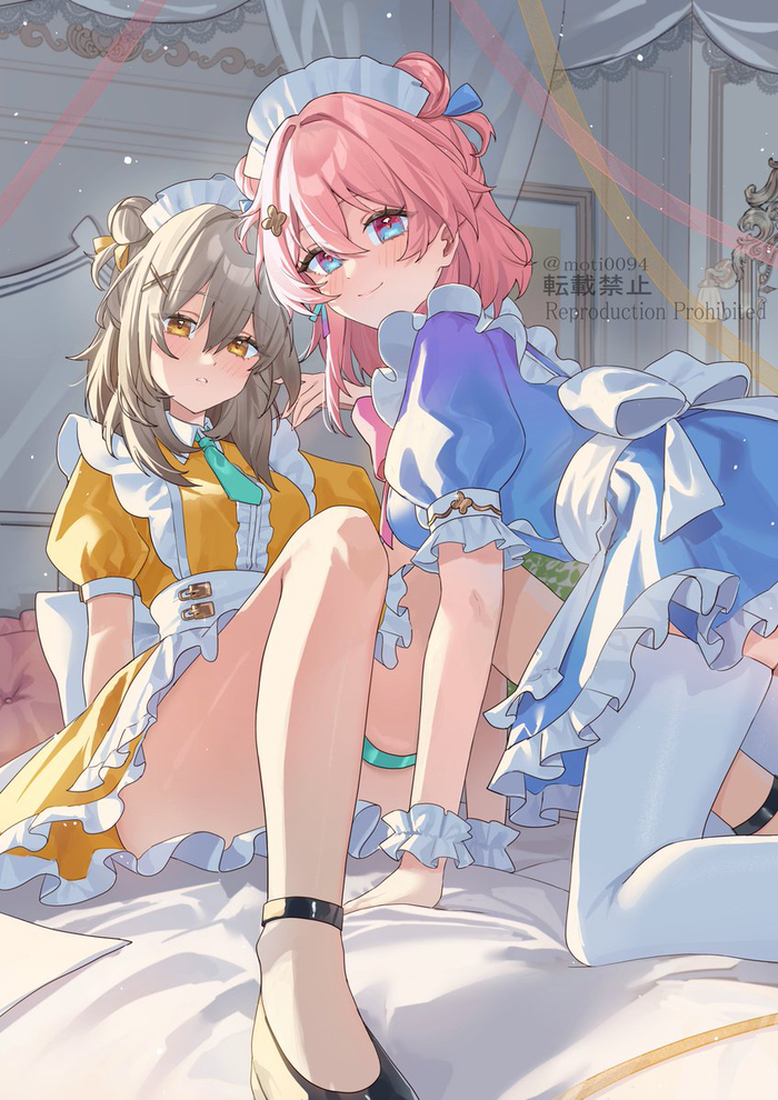 Stelle и March - NSFW, Аниме, Anime Art, Honkai: Star Rail, Stelle (Honkai: Star Rail), March 7th (Honkai: Star Rail), Горничная, Девушки, Платье, Чулки, Смущение, Кровать, Галстук, Голубые глаза, Колье