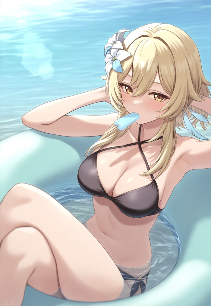 Lumin - NSFW, Lumine (Genshin Impact), Anime art, Pixiv, Anime, Swimsuit, Genshin impact, Neural network art