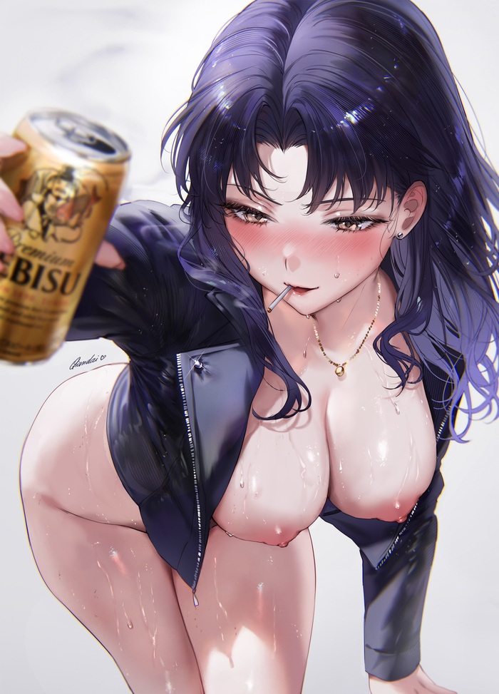 Reply to Misato's post - NSFW, Anime art, Anime, Evangelion, Misato katsuragi, Qiandaiyiyu, Art, Boobs, Erotic, Hand-drawn erotica, Reply to post