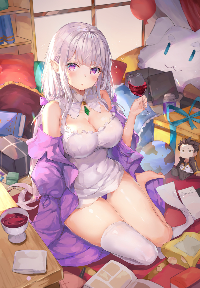 Эмилия - NSFW, Anime Art, Аниме, Девушки, Re:Zero Kara, Emilia, Эльфы, Панцу, Вино