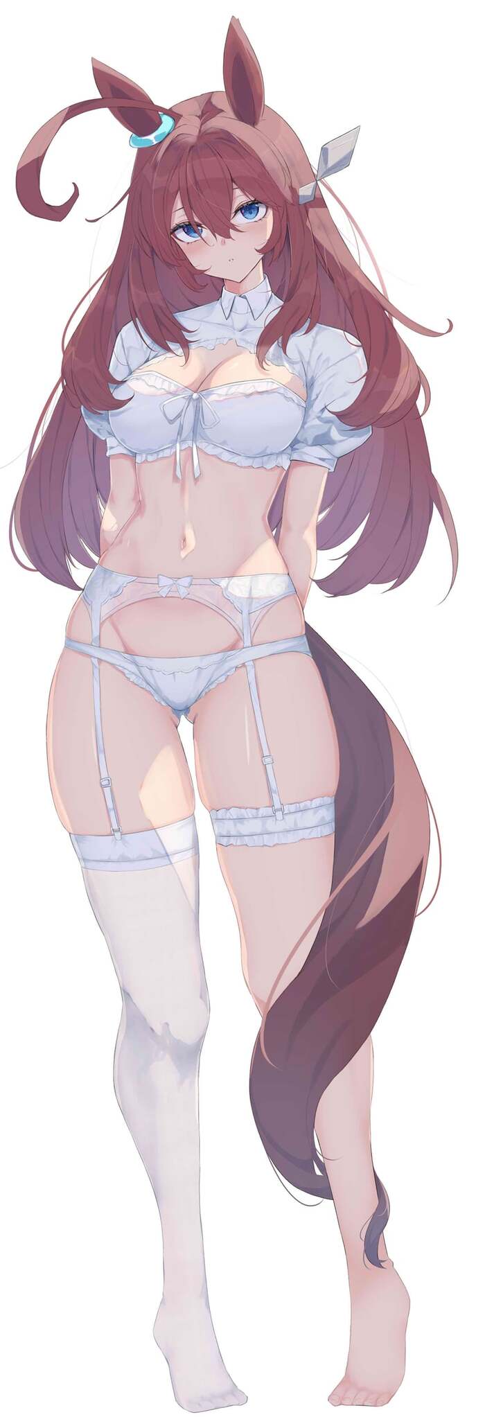 Mihono bourbon #001 - NSFW, Аниме, Anime Art, Uma Musume Pretty Derby, Mihono Bourbon, Девушки, Animal Ears, Нижнее белье, Хвост, Длинные волосы, Живот, Голубые глаза, Смущение, Белый фон, Длиннопост