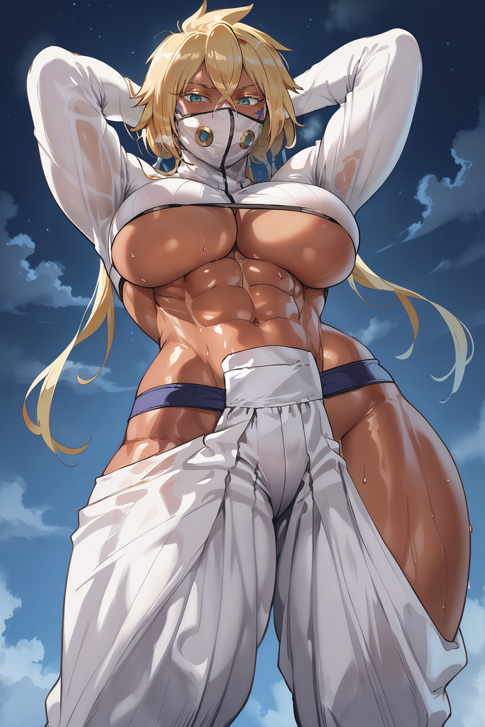 Tier Harribel - NSFW, My, Anime, Anime art, Art, Girls, Tier harribel, Bleach, Boobs, Hand-drawn erotica, Strong girl, Muscleart, Underboob, Neural network art, 18+