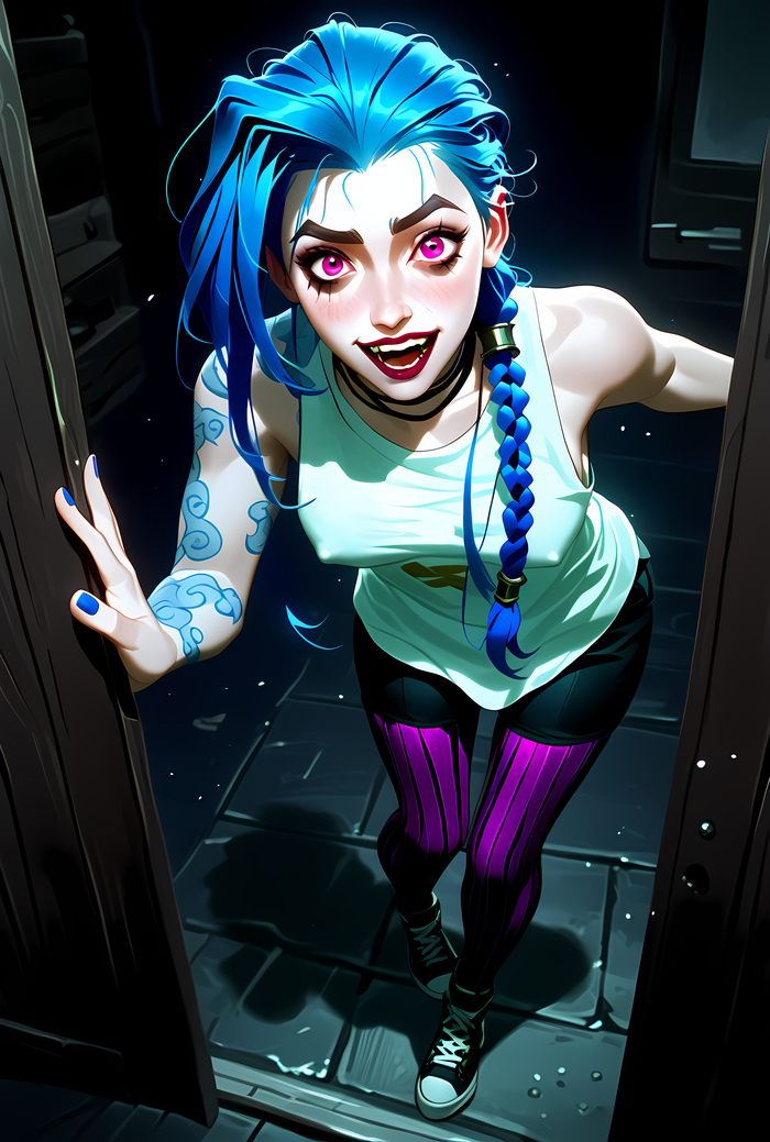 Based on Jinx v3 - 18+, Neural network art, Art, Girls, Boobs, Jinx, Arcane, Colorful hair, Game art, League of legends, NSFW