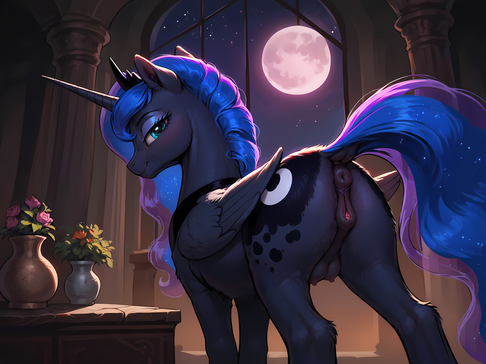 Two Moons - 18+, My little pony, PonyArt, MLP Explicit, MLP anatomically correct, Neural network art, Princess luna, NSFW