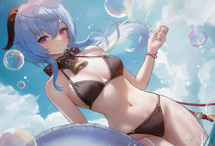 Ganyu #003 - 18+, Anime, Anime art, Genshin impact, Ganyu (Genshin Impact), Girls, Girl with Horns, Bikini, Glasses, Sky, Bells, Bubbles, Smile, Water, NSFW