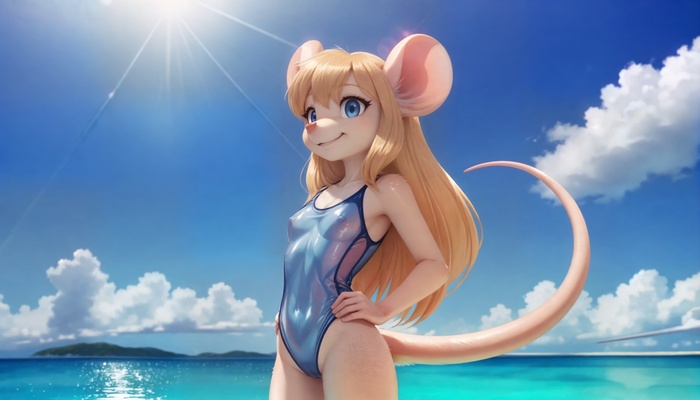 With Gadget on the beach - 18+, My, Neural network art, Stable diffusion, Furry, 16:9, Furotica, Chip and Dale, Gadget hackwrench, Furry mouse, Boobs, Swimsuit, Longpost, NSFW