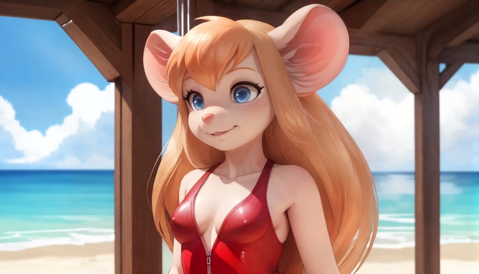 With Gadget on the beach - 18+, My, Neural network art, Stable diffusion, Furry, 16:9, Furotica, Chip and Dale, Gadget hackwrench, Furry mouse, Boobs, Swimsuit, Longpost, NSFW