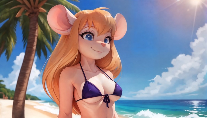 With Gadget on the beach - 18+, My, Neural network art, Stable diffusion, Furry, 16:9, Furotica, Chip and Dale, Gadget hackwrench, Furry mouse, Boobs, Swimsuit, Longpost, NSFW