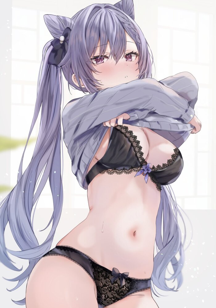 Keqing #007 - 18+, Anime, Anime art, Genshin impact, Keqing (Genshin Impact), Girls, Long hair, Embarrassment, Stomach, Bra, Pullover, Neckline, Underwear, Underpants, Navel, NSFW