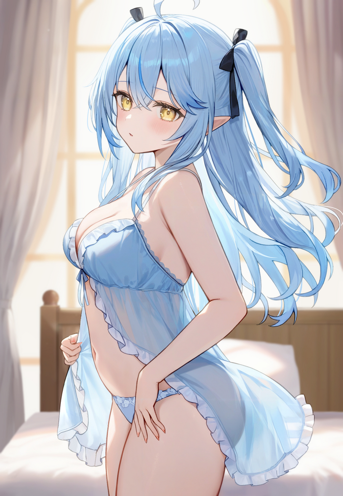 Yukihana Lamy #001 - 18+, Anime, Anime art, Hololive, Yukihana lamy, Girls, Underwear, Navel, Sideboob, Long hair, Komnota, Neckline, Bra, Virtual youtuber, Elves, Bedroom, Underpants, Embarrassment, NSFW