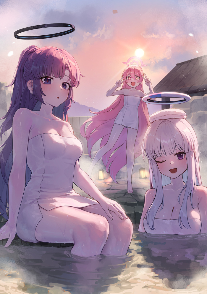 Seminar at the hot springs - 18+, Anime, Anime art, Girls, Games, Blue archive, Hayase Yuuka, Ushio Noa, Kurosaki Koyuki, Kokukyukeo, NSFW