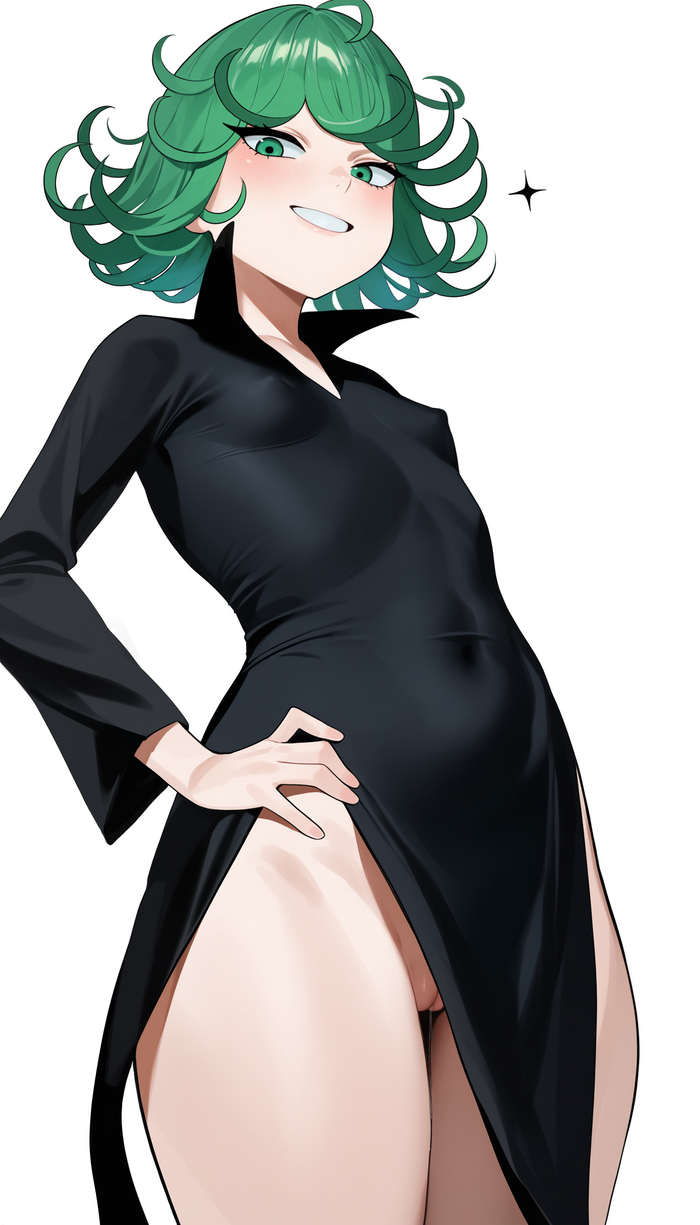 Tatsumaki forgot to put something - 18+, My, Erotic, Tatsumaki, Onepunchman, Neural network art, Art, Anime, Anime art, Nipples, Vagina, Hand-drawn erotica, No panties, Green eyes, Green hair, The dress, Cameltoe, NSFW