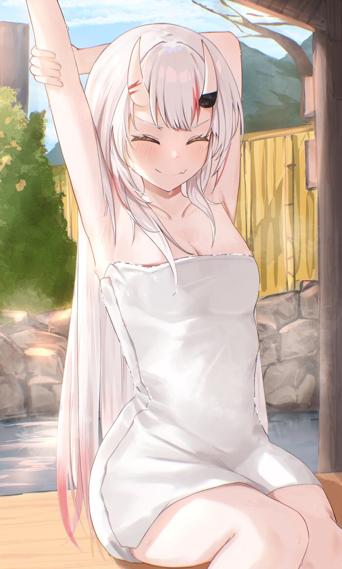 Stretching - 18+, Anime, Anime art, Girls, Games, Hololive, Virtual youtuber, Nakiri ayame, Girl with Horns, The hot springs, Towel, Puffs, NSFW