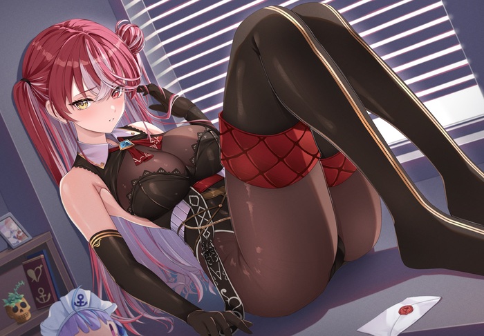 Houshou Marine - NSFW, Anime, Anime art, Art, Hololive, Virtual youtuber, Bodysuit, Stockings, Erotic, Hand-drawn erotica