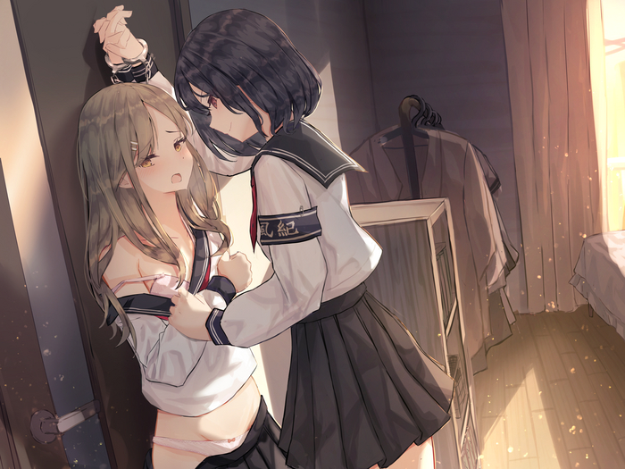 The offender was detained - NSFW, Anime, Anime art, Original character, Yuri, Seifuku, Kabe-dong