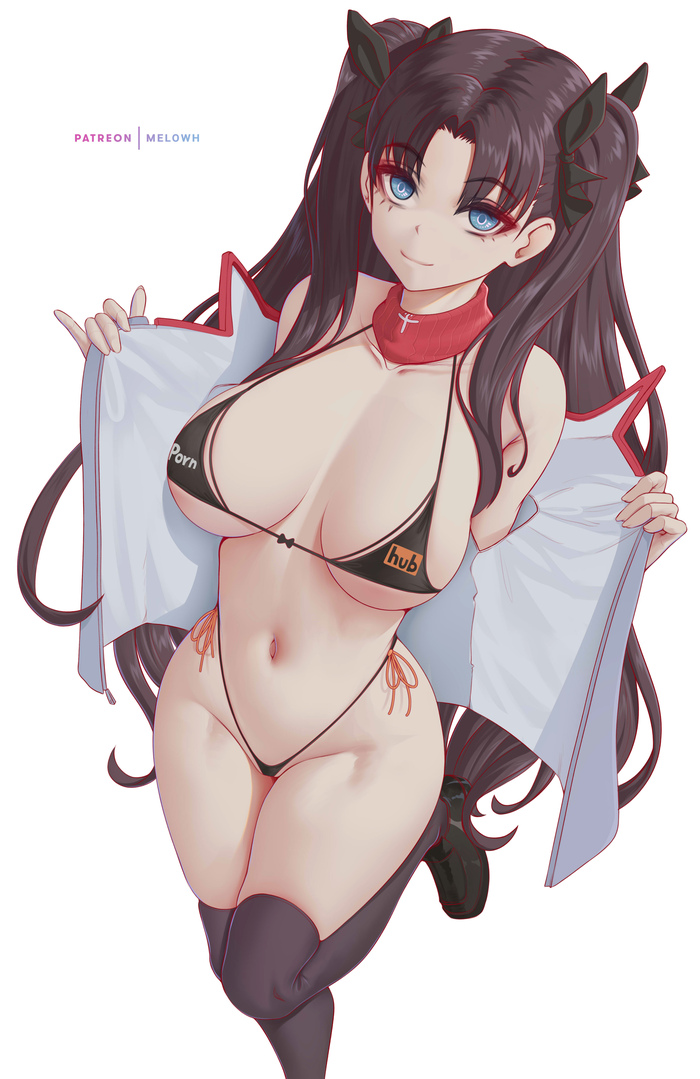 Actress Tohsaka Rin - NSFW, Anime, Anime art, Art, Fate, Fate-stay night, Melowh, Swimsuit, Boobs, Stockings, Erotic, Hand-drawn erotica