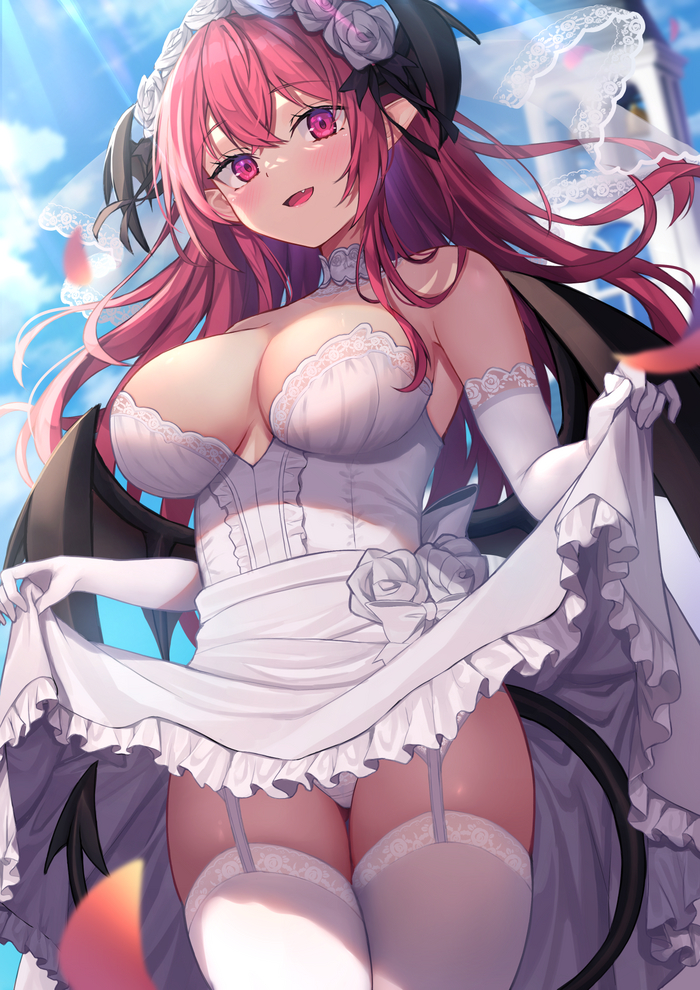 Koakuma - NSFW, Erotic, Art, Koakuma, Touhou, Girls, Boobs, Stockings, Pantsu, Wedding Dress, Hand-drawn erotica, Anime art