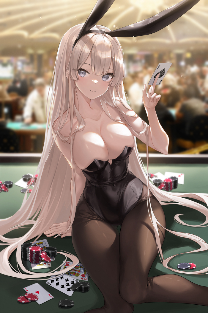Let's play? - NSFW, Erotic, Art, Original character, Bunnysuit, Girls, Cards, Casino, Hand-drawn erotica, Anime art