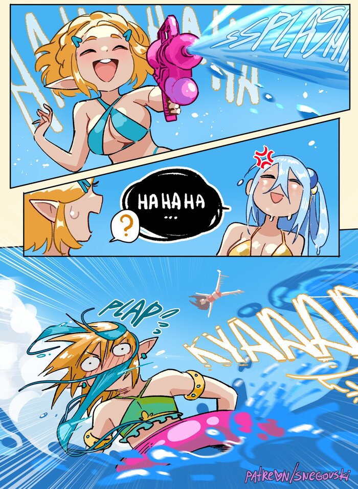 Beach episode - NSFW, Snegovski, Art, Anime, Anime art, Hand-drawn erotica, Crossover, The legend of zelda, Princess zelda, Link, Konosuba, Aqua, Swimsuit, Longpost