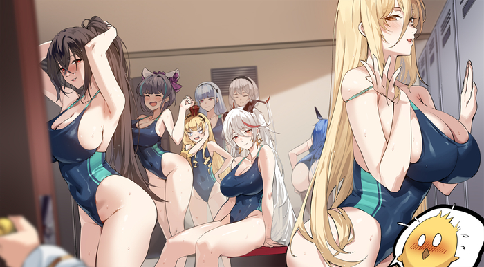 An incident in the locker room, the skipper could not leave so easily - NSFW, Anime, Anime art, Azur lane, Aegir, Cheshire, Dido, Manjuu, New jersey, Queen Elizabeth, Sirius, Taihou, Swimsuit, Boobs