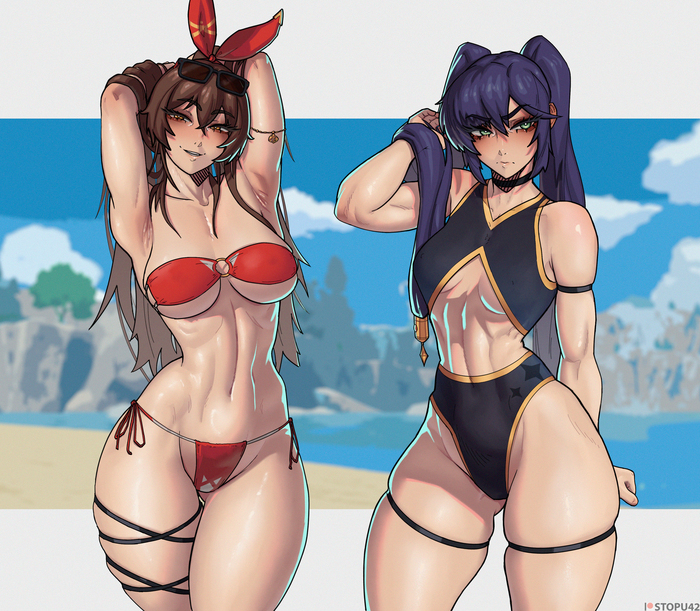 Amber & Mona - NSFW, Genshin impact, Amber, Mona, Art, Girls, Games, Anime, Anime art, Stopu42, Strong girl, Swimsuit