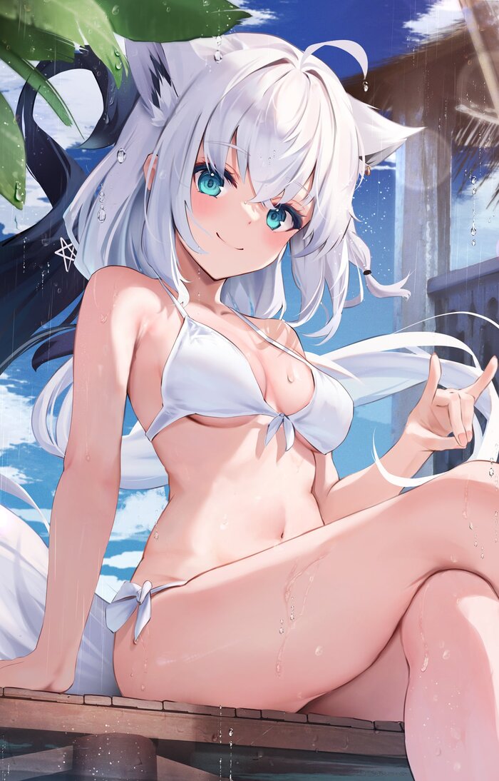 Continuation of the post Shirakami Fubuki - NSFW, Anime, Anime art, Art, Girls, Shirakami fubuki, Hololive, Virtual youtuber, Animal ears, Reply to post, Swimsuit