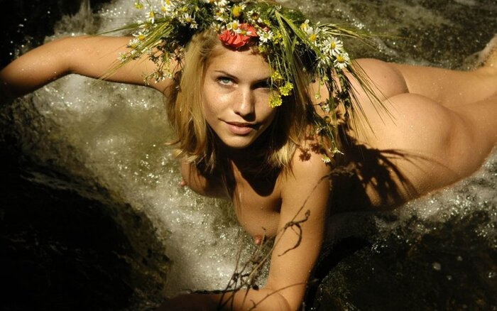 Slavic beauties part 2 - NSFW, Boobs, Erotic, Girls, Topless, For adults, Blonde, Brunette, Nudity, PHOTOSESSION, The photo, Wet, Nipples, Water, Lake, River, Freckles, Field, Wildflowers, Wreath, Longpost