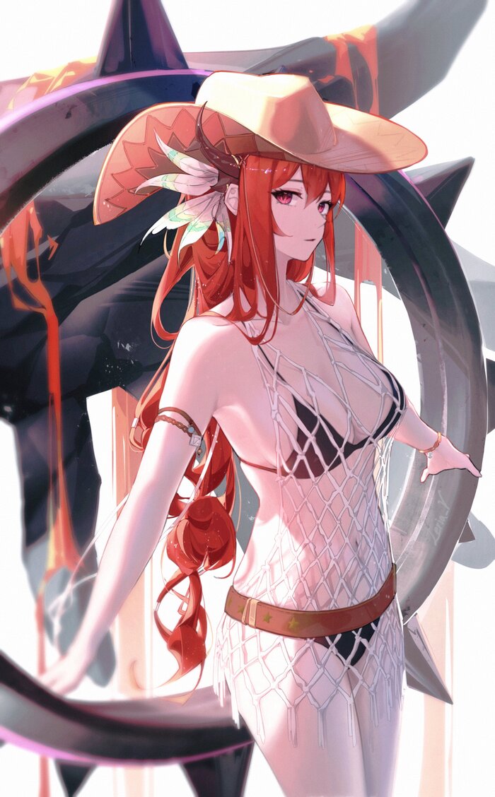 Surtre - NSFW, Anime art, Anime, Surtr, Arknights, Swimsuit, Hat