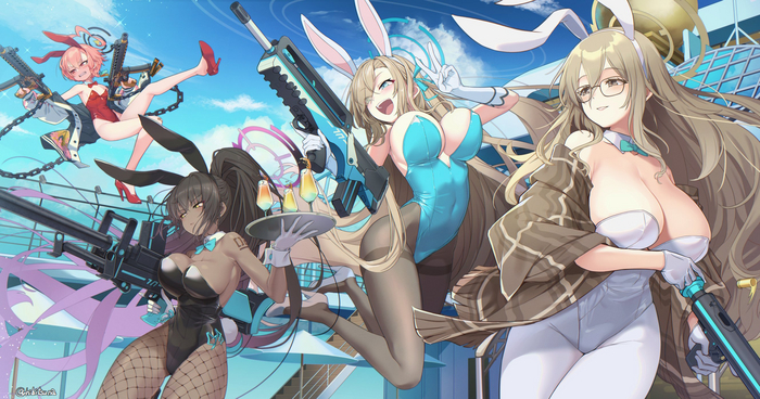 Even the Chechens were afraid of them В© - NSFW, Anime, Anime art, Blue archive, Mikamo Neru, Ichinose asuna, Murokasa Akane, Bunnysuit, Bunny ears, Tights, High heels, Girl in glasses