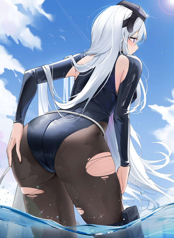 Enterprise - NSFW, Erotic, Art, Enterprise (Azur Lane), Azur lane, Swimsuit, Water, Wet, Hand-drawn erotica, Game art, Swimming goggles, Tights, Booty