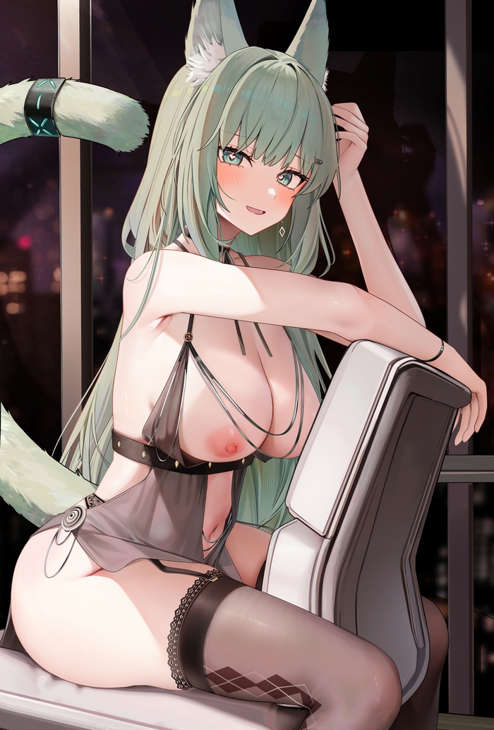 Continuation of the post Harmonie - NSFW, Anime art, Anime, Arknights, Harmonie, Animal ears, Ru zhai, Neko, Stockings, Reply to post, Longpost